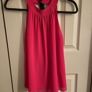 High neck pink silk tank top with small cut out back